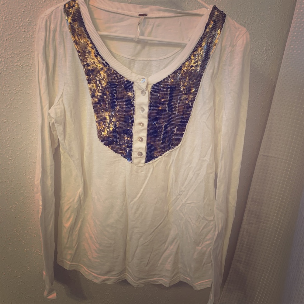 Free people long sleeve white sequin shirt